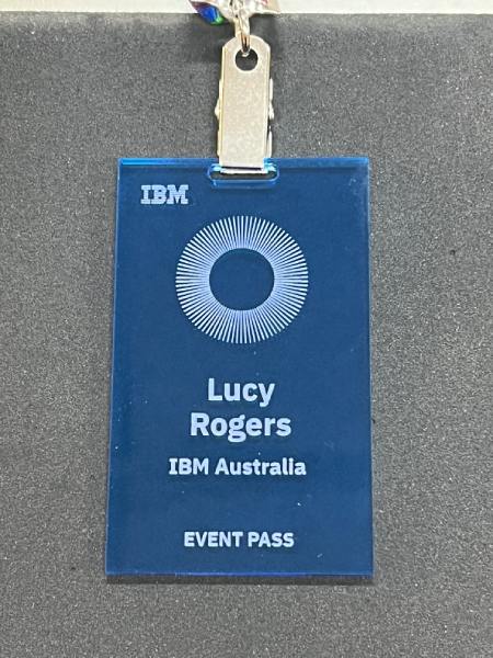 IBM name tag is in blue acrylic