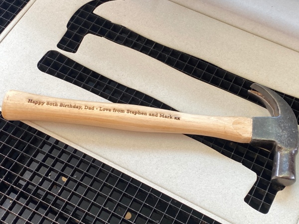 engraved birthday greeting on a hammer with foam insert
